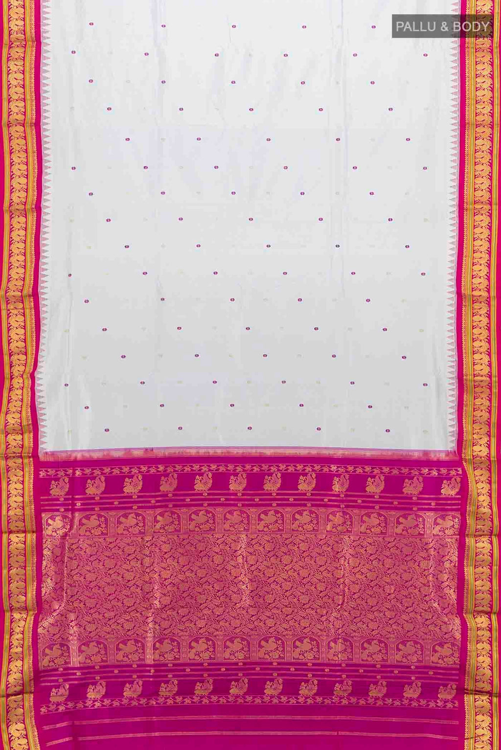 Flat view of Davys Grey Bangalore Silk - kadyal Nine Yards Saree with Zari Butta on the body and Silk Border
