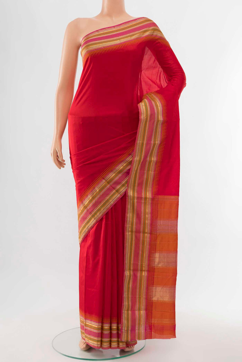 Deep Red Bangalore Silk - kadyal Saree with Zari Butta on the body and Fancy Border displayed on a mannequin