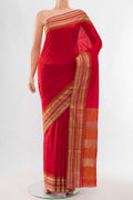 Deep Red Bangalore Silk - kadyal Saree with Zari Butta on the body and Fancy Border displayed on a mannequin