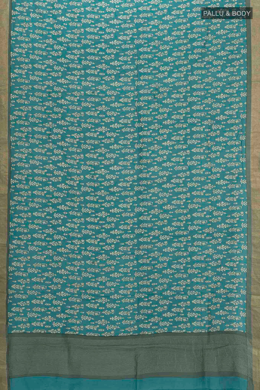 Flat view of Blue Tussar Saree with Printed design on the body and Fancy Border