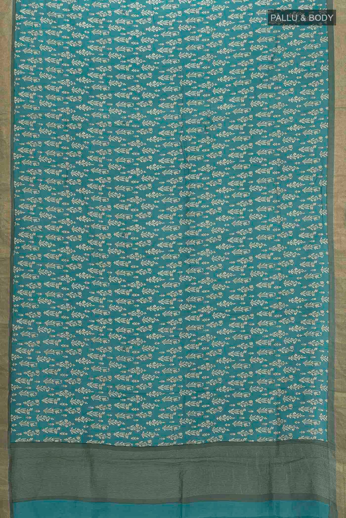 Flat view of Blue Tussar Saree with Printed design on the body and Fancy Border