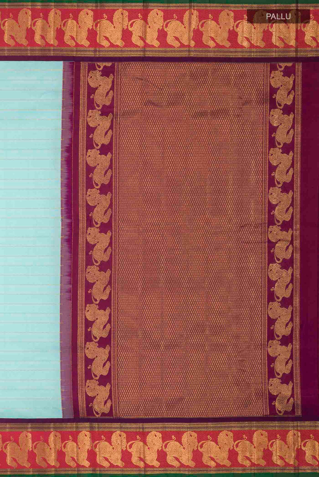 Close up image of the pallu of Pure Silk Pure Zari Turquoise Kanchipuram Saree with Zari Butta on the body and Zari Border