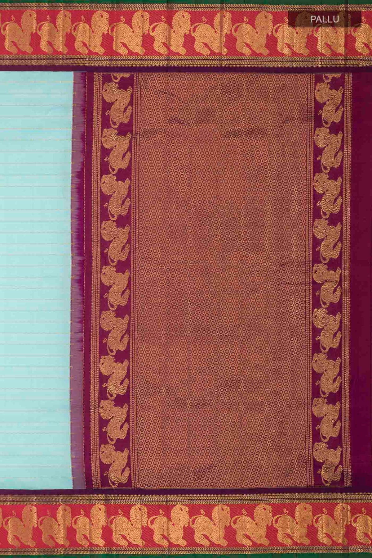 Close up image of the pallu of Pure Silk Pure Zari Turquoise Kanchipuram Saree with Zari Butta on the body and Zari Border