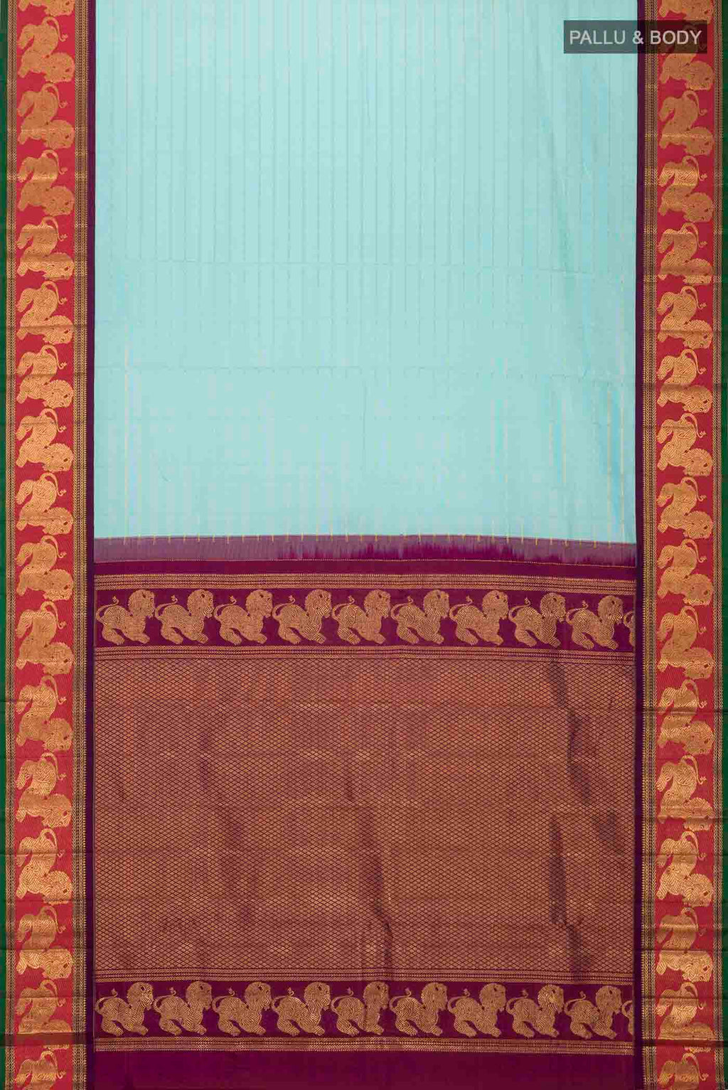 Flat view of Pure Silk Pure Zari Turquoise Kanchipuram Saree with Zari Butta on the body and Zari Border
