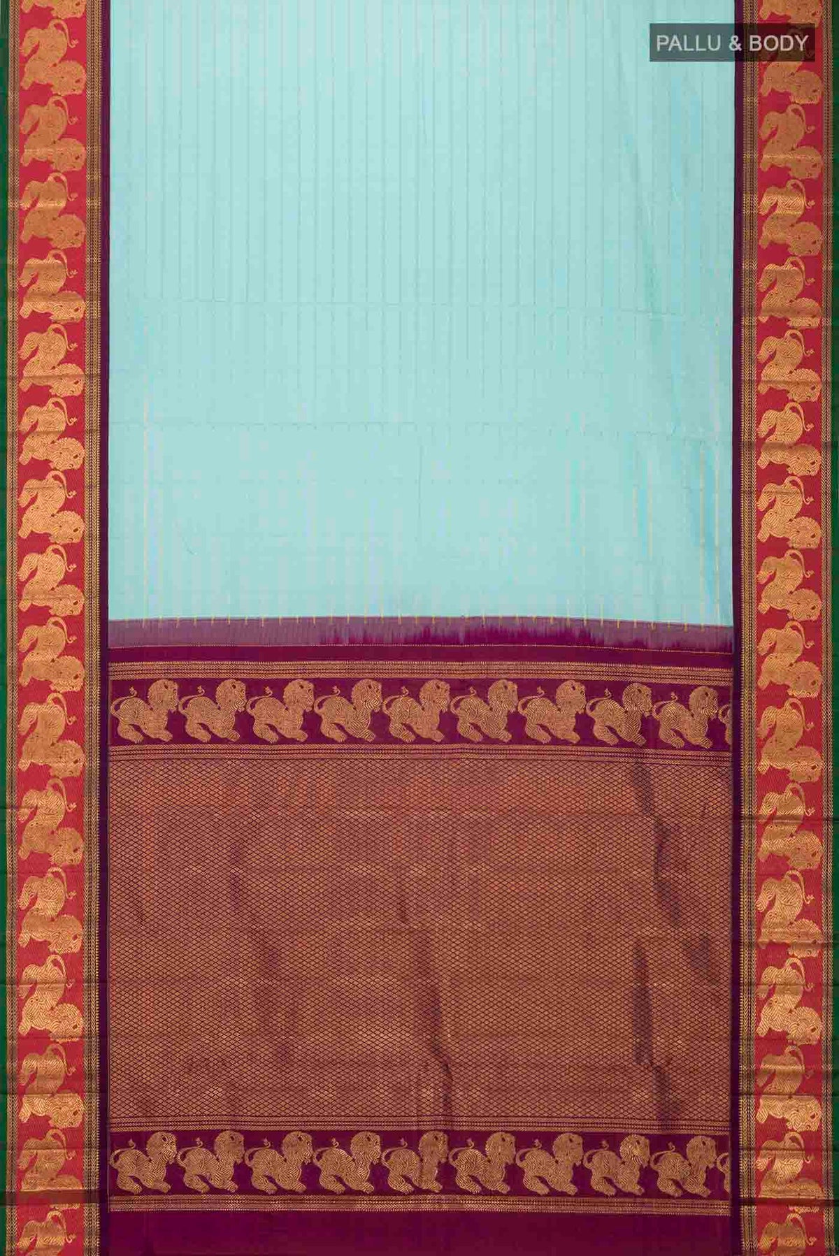 Flat view of Pure Silk Pure Zari Turquoise Kanchipuram Saree with Zari Butta on the body and Zari Border