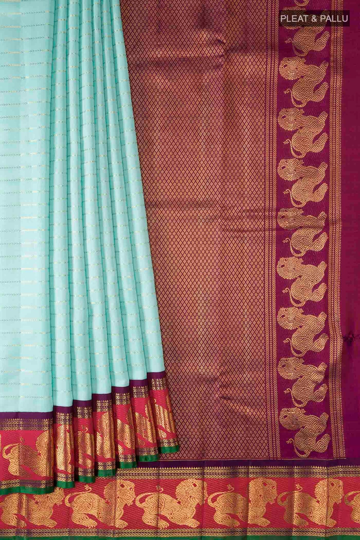 Pleats and pallu of Pure Silk Pure Zari Turquoise Kanchipuram Saree with Zari Butta on the body and Zari Border
