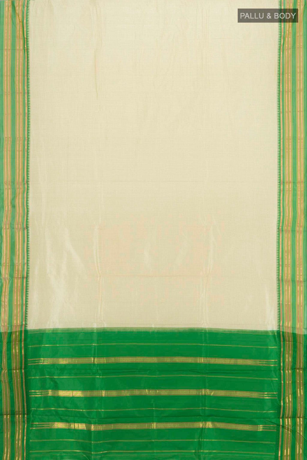 Flat view of Cream Narayanpet Silk Saree with Zari Butta on the body and Silk Border. 