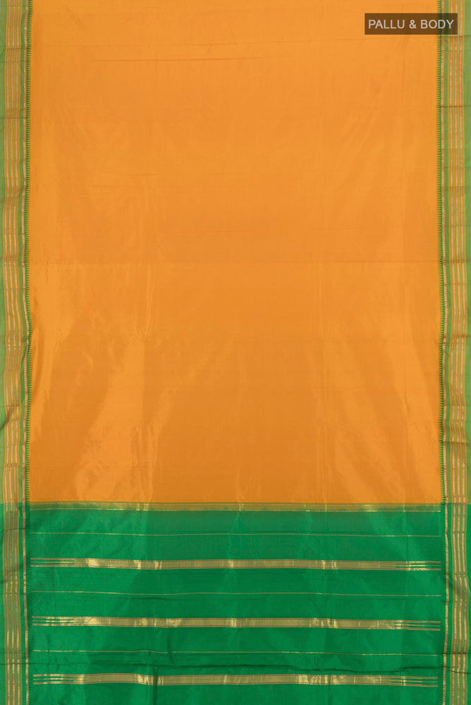 Flat view of Mustard Narayanpet Silk Saree with Plain Body and Silk Border. 