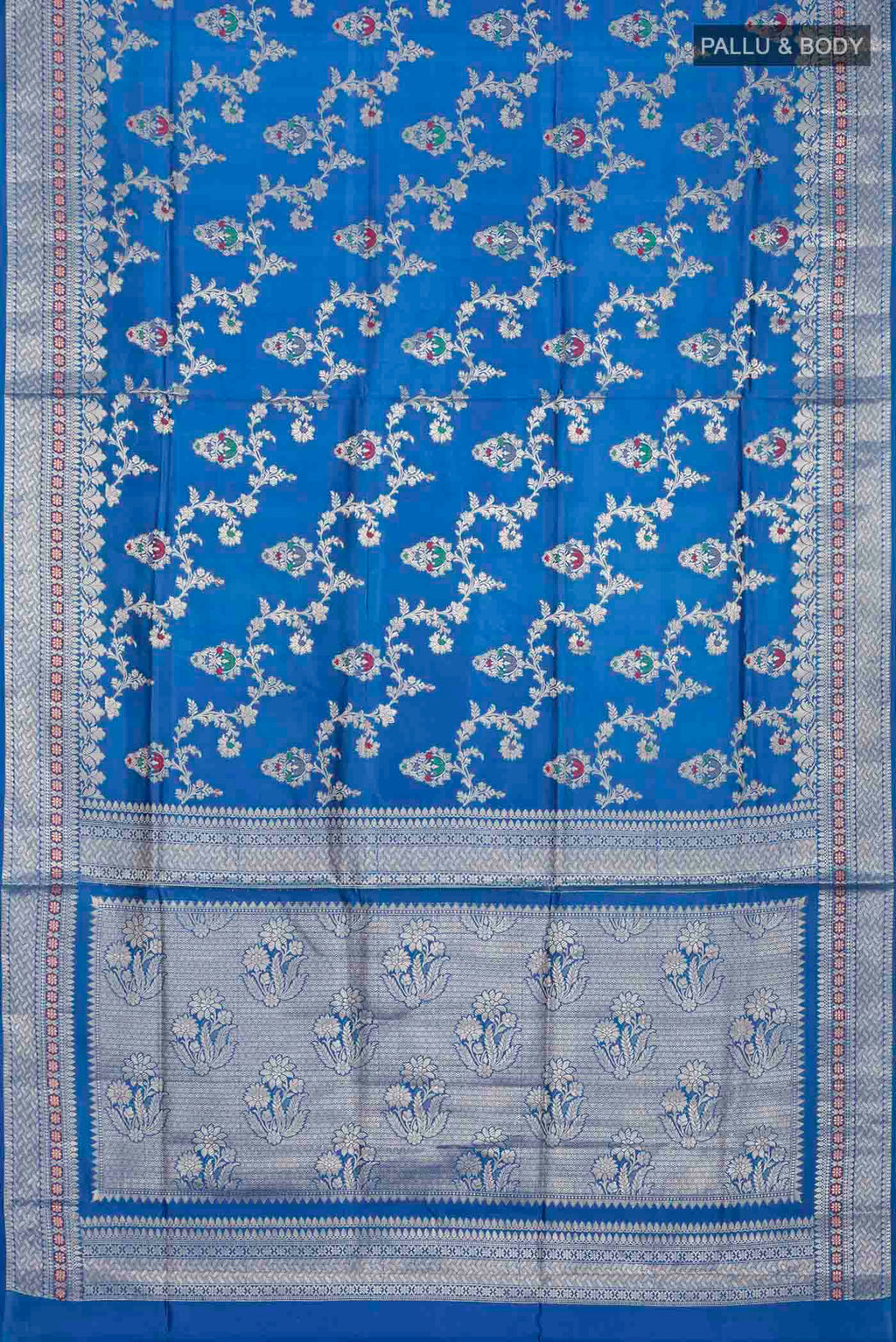 Flat view of Blue Banarasi Raw Silk Saree with Zari Butta on the body and Zari Border