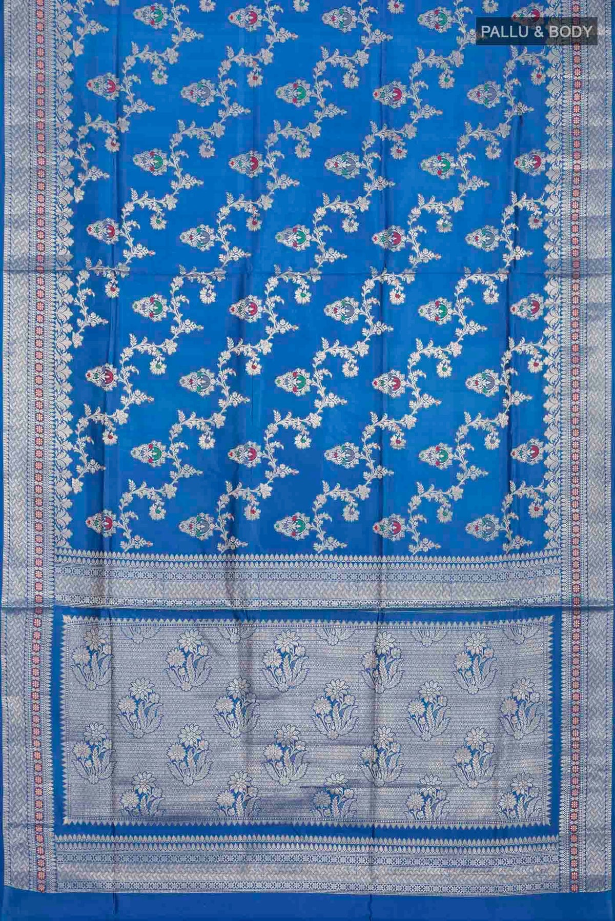 Flat view of Blue Banarasi Raw Silk Saree with Zari Butta on the body and Zari Border