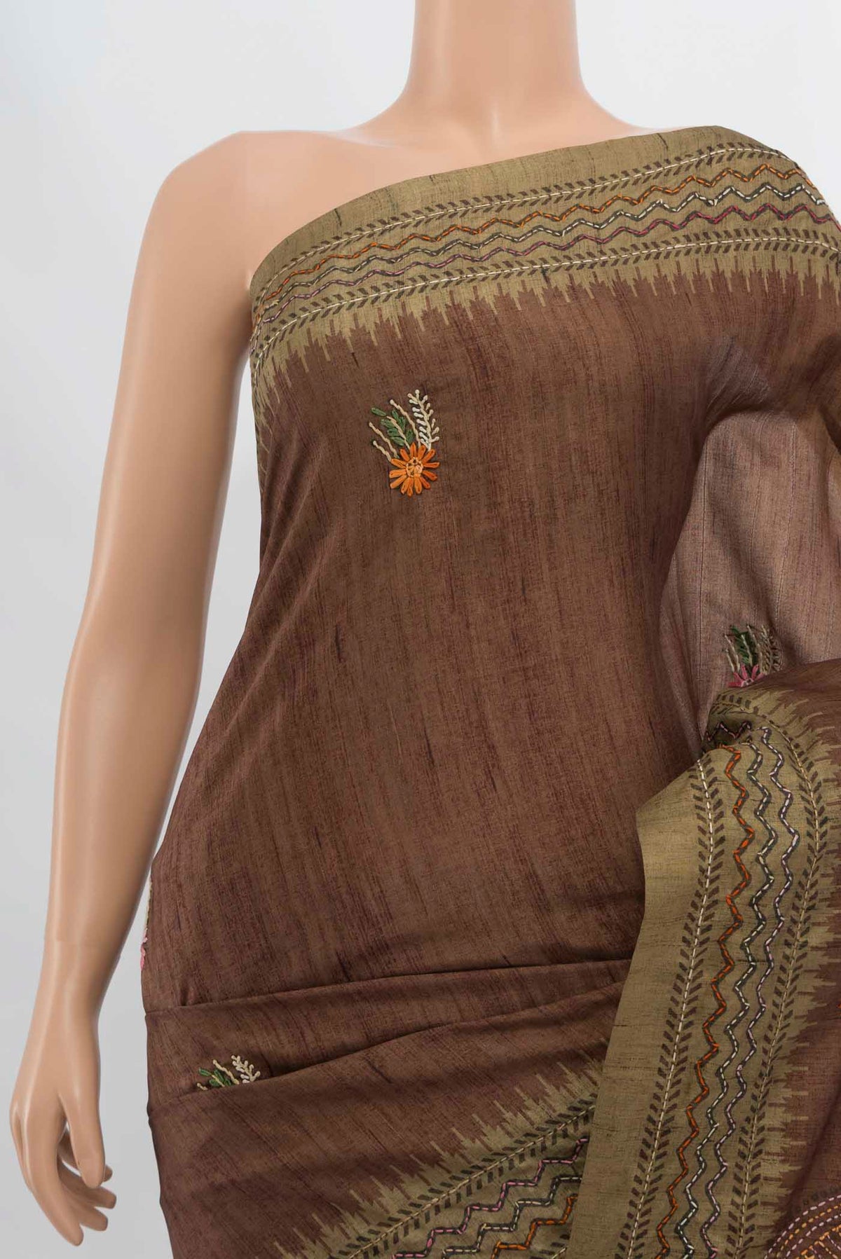 Border image of Brown Art Silk Saree with Embroidery on the body and Embroidery Border. 