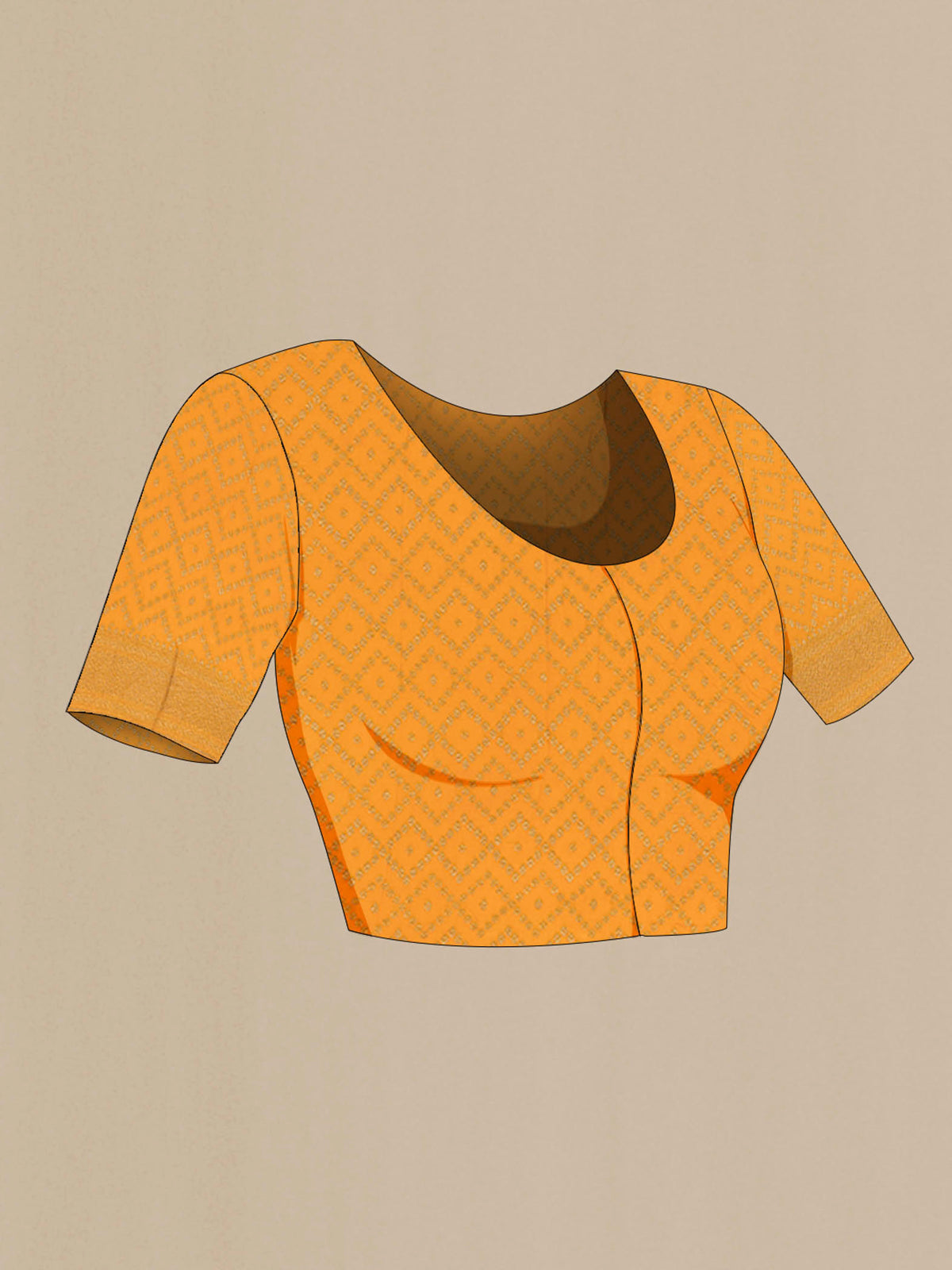 Close up image of the blouse of Orange Mysore Crepe Saree with Zari Butta on the body and Zari Border