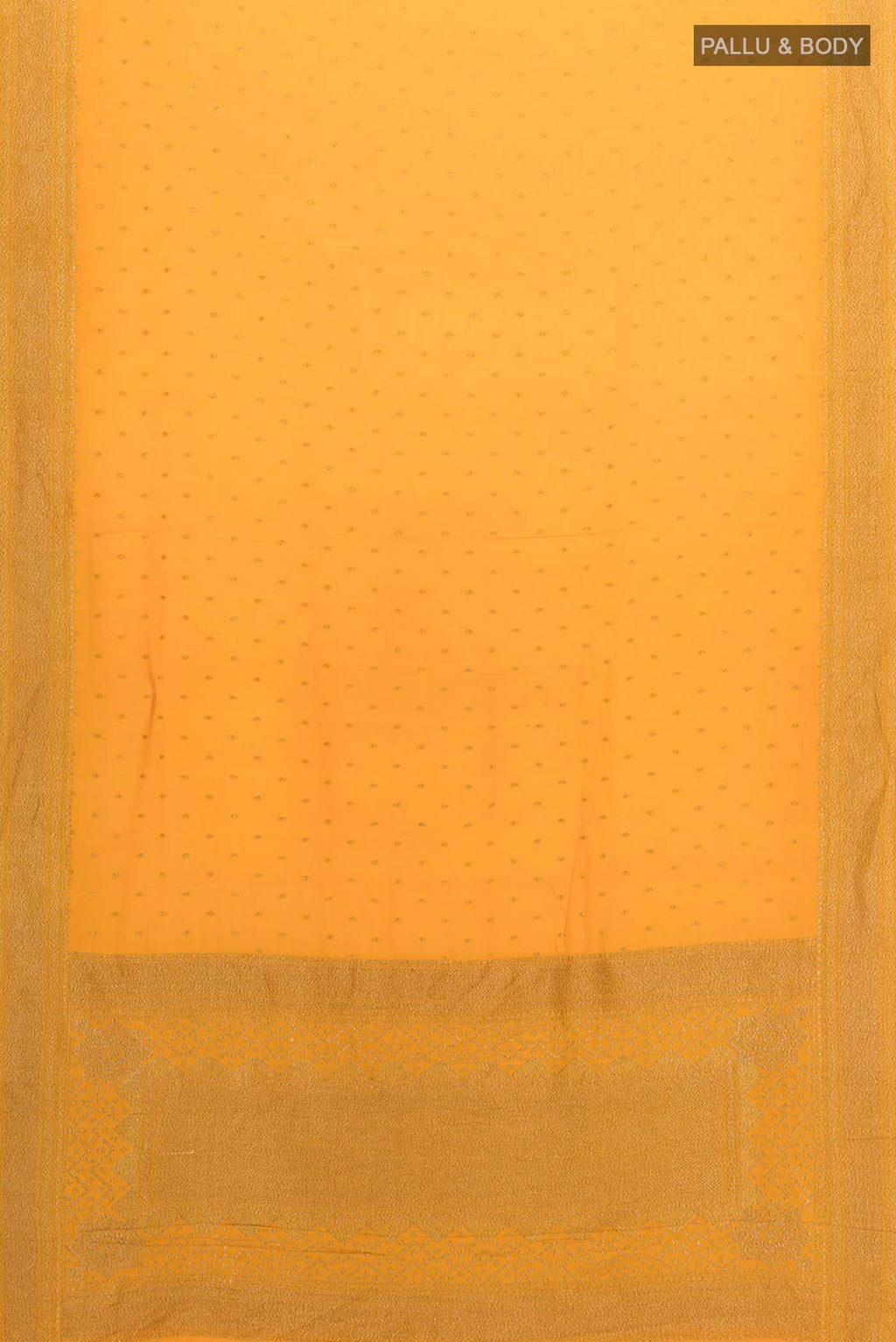 Flat view of Orange Mysore Crepe Saree with Zari Butta on the body and Zari Border