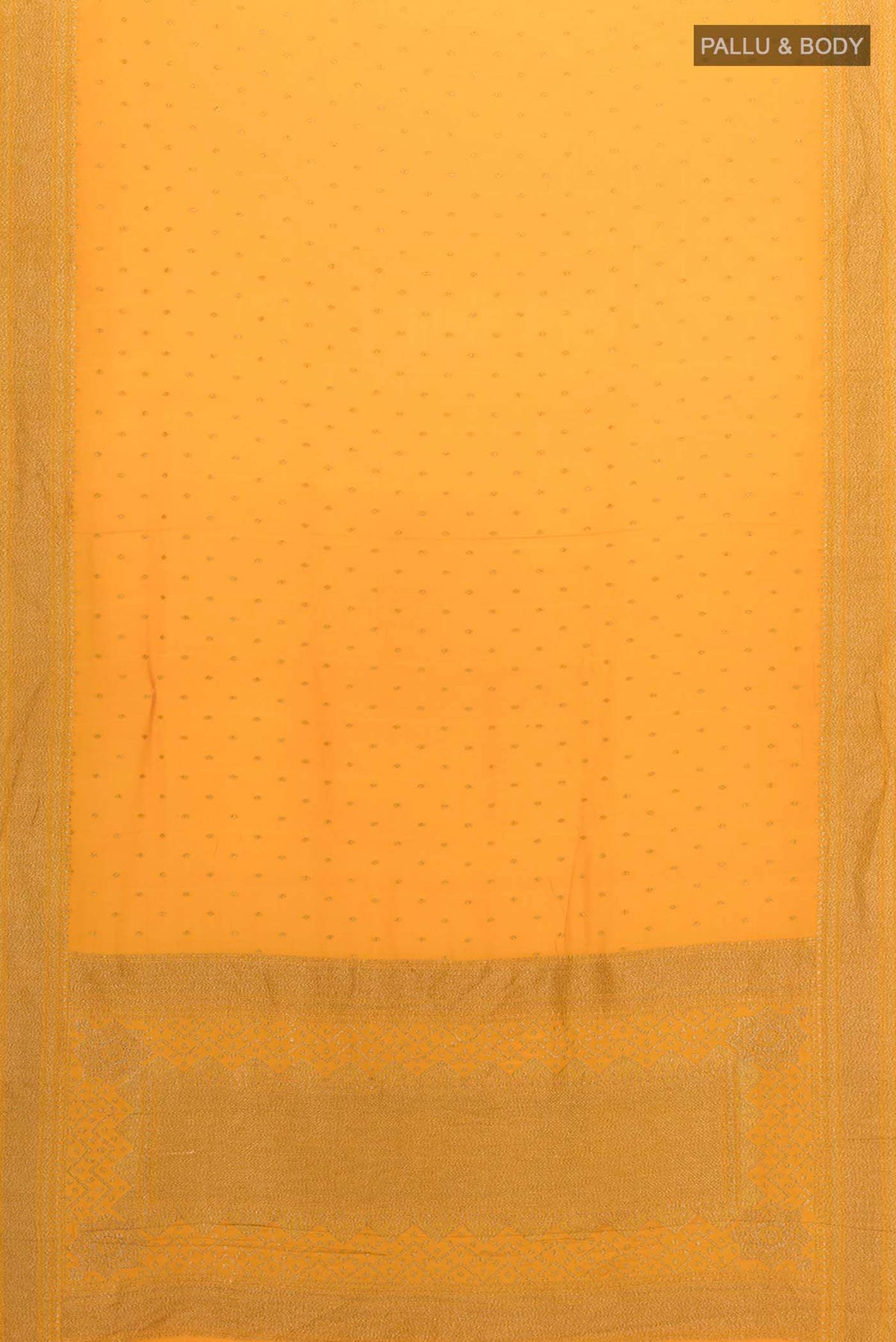 Flat view of Orange Mysore Crepe Saree with Zari Butta on the body and Zari Border