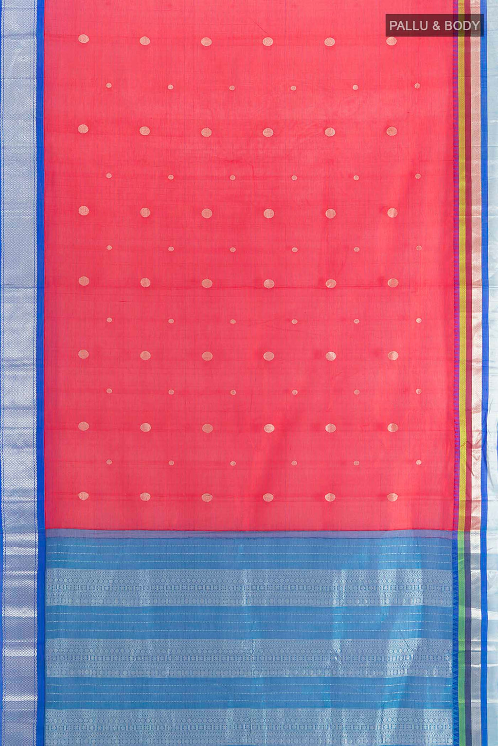 Flat view of Red Cotton Saree with Zari Brocade on the body and Silk Border