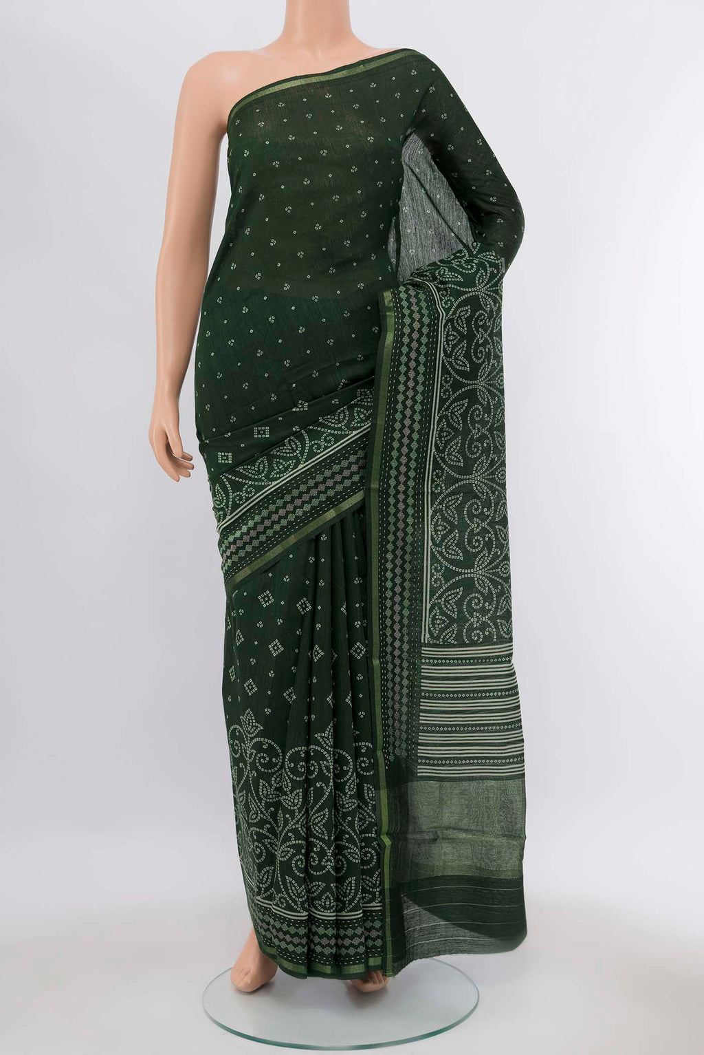 Green Printed Silk Saree with Floral Print on the body and Silk Border displayed on a mannequin