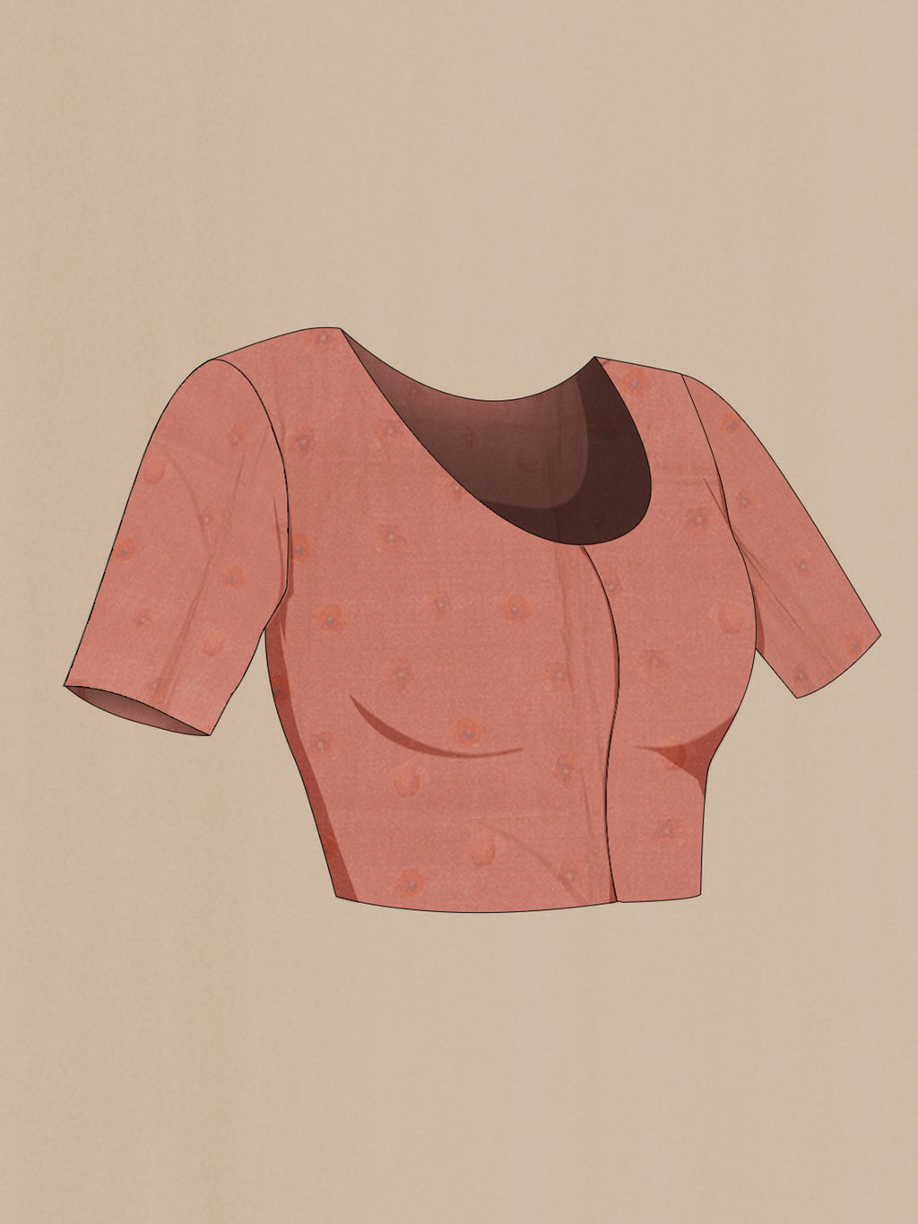 Close up image of the blouse of Rust Tussar Silk Saree with Floral Print on the body and Without Border. 