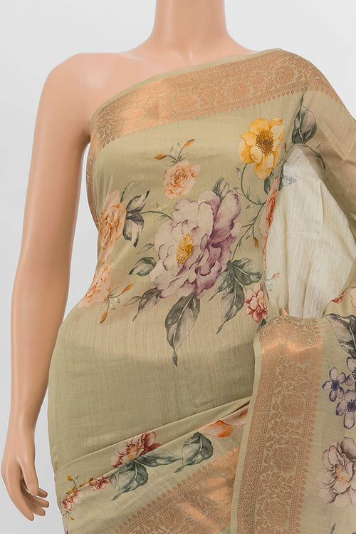 Border image of Green Bhagalpuri Tussar Silk Saree with Printed design on the body and Zari Border