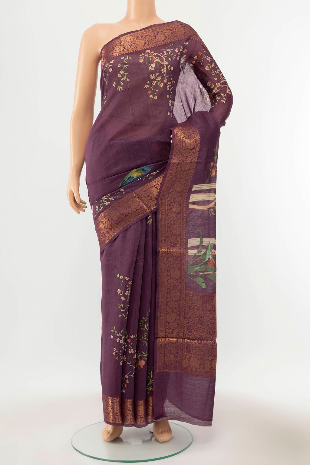 Purple Tussar Silk Saree with Zari Butta on the body and Silk Border displayed on a mannequin