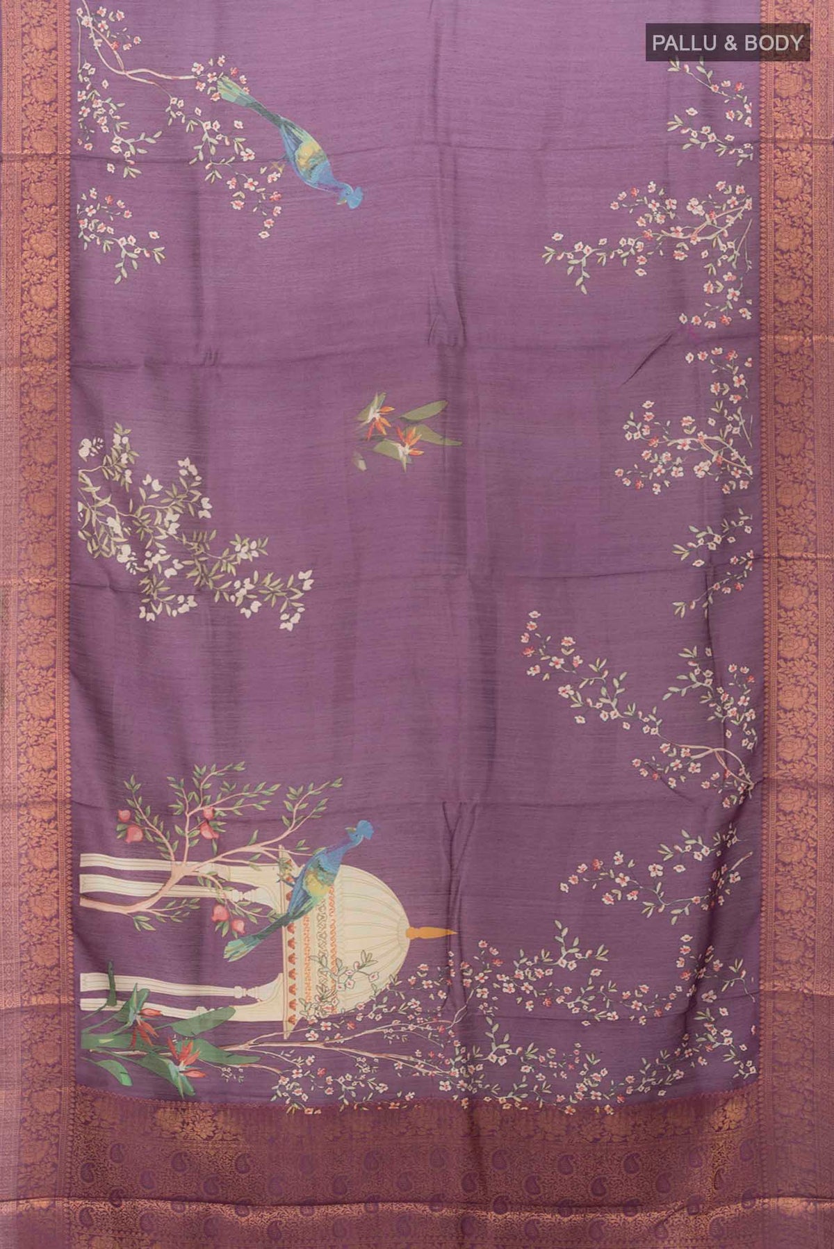 Flat view of Purple Tussar Silk Saree with Zari Butta on the body and Silk Border