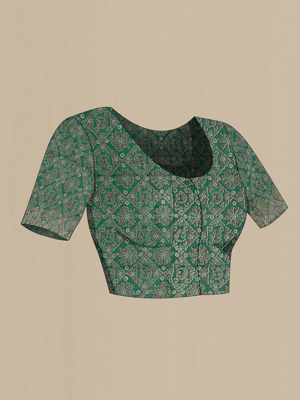 Close up image of the blouse of Green Tussar Saree with Stripes on the body and Fancy Border