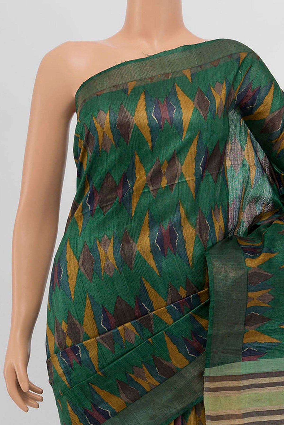 Border image of Green Tussar Saree with Stripes on the body and Fancy Border