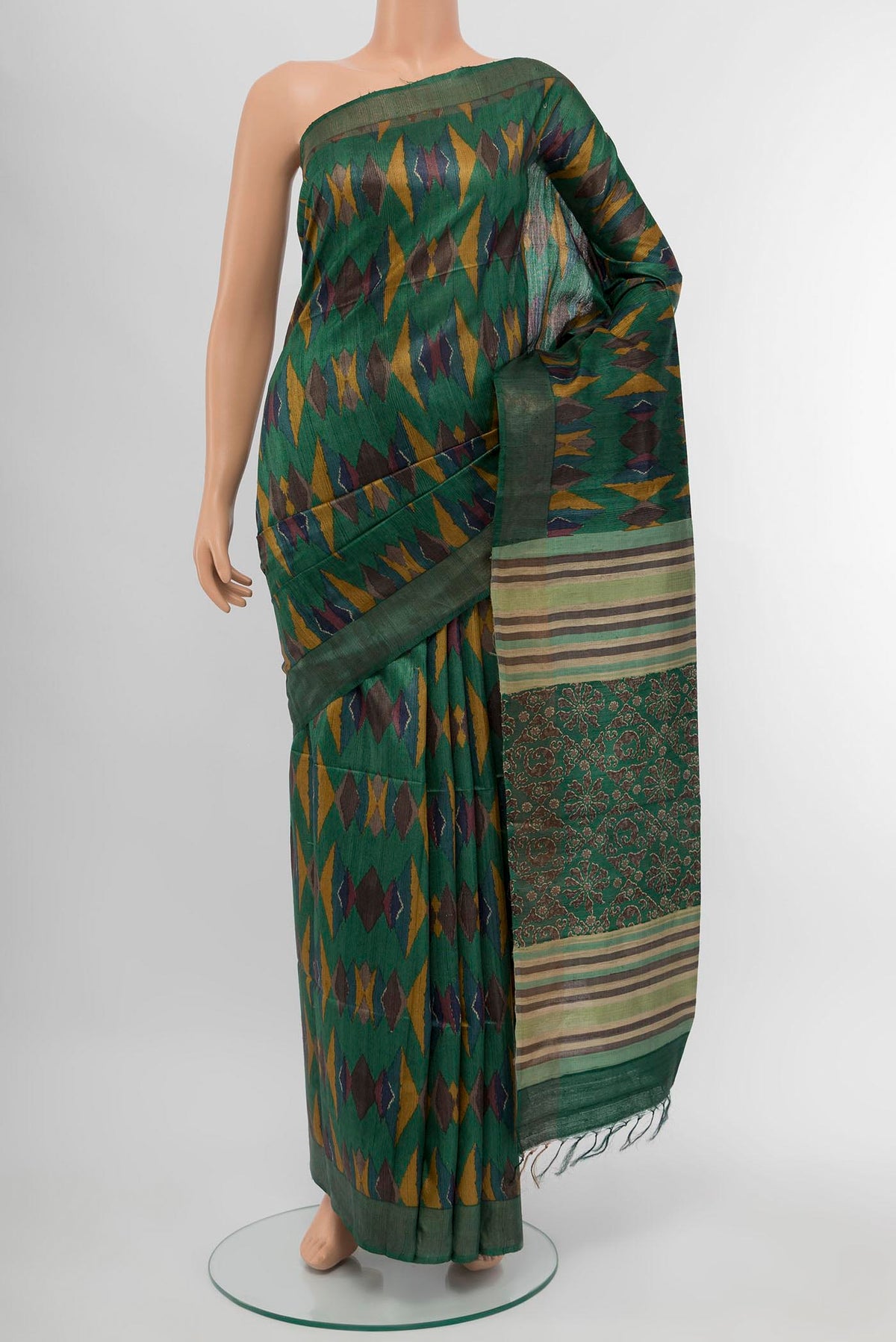 Green Tussar Saree with Stripes on the body and Fancy Border displayed on a mannequin