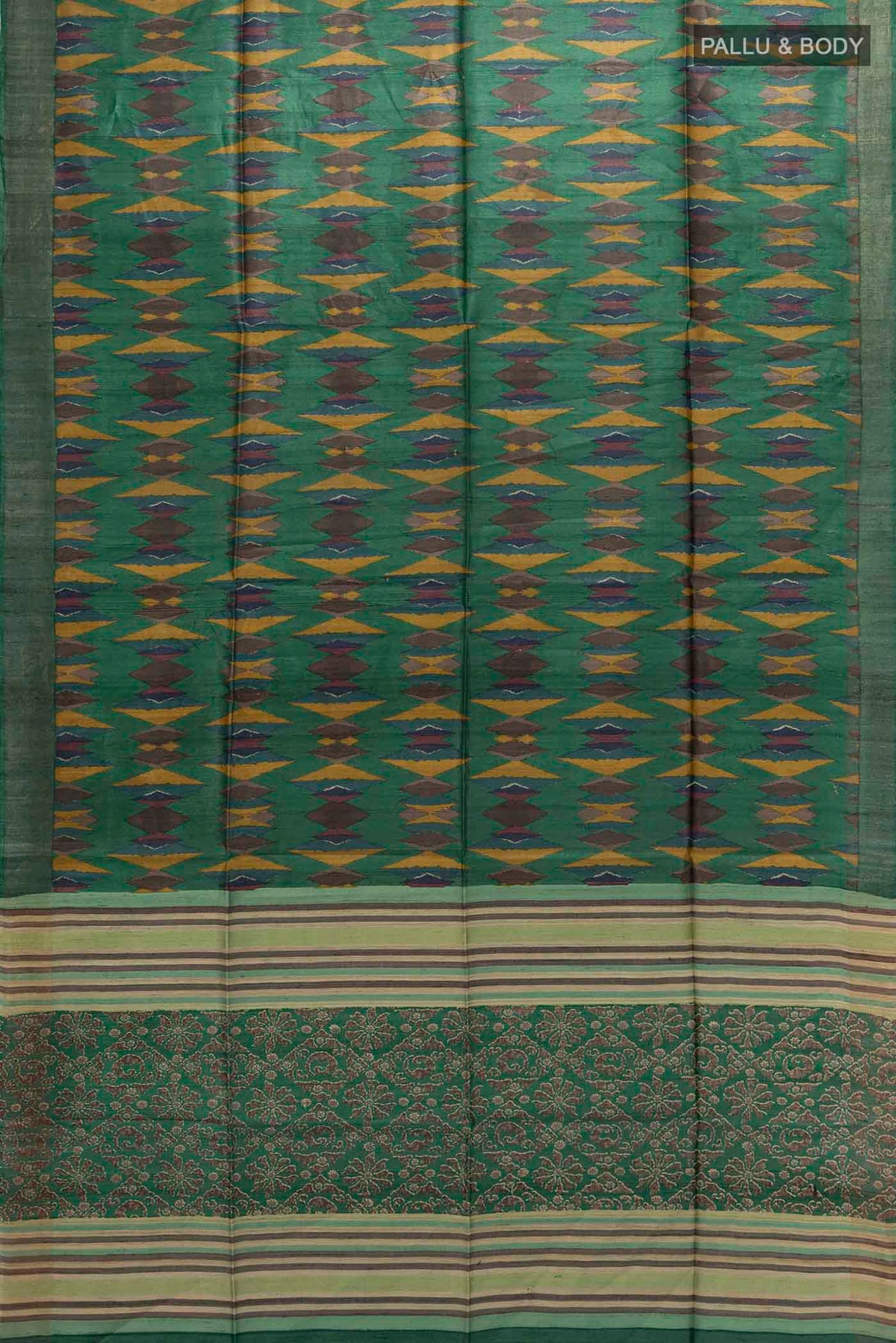 Flat view of Green Tussar Saree with Stripes on the body and Fancy Border