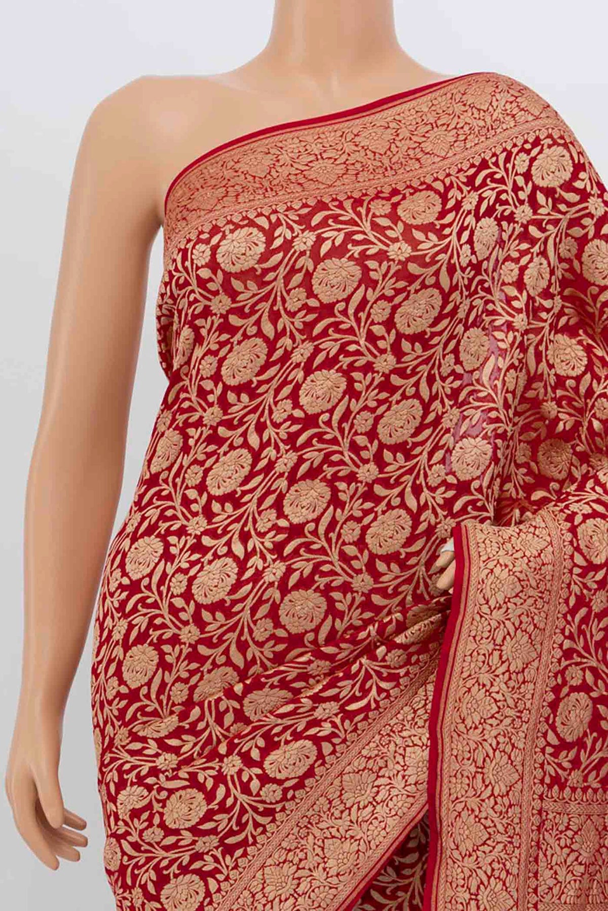 Border image of Red Blended Banarasi Saree with Zari Brocade on the body and Zari Border