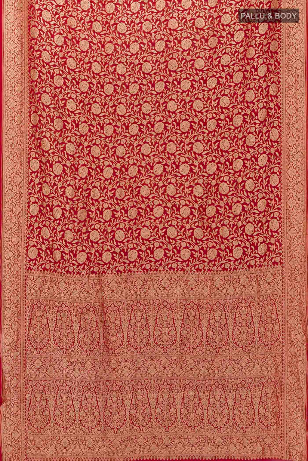Flat view of Red Blended Banarasi Saree with Zari Brocade on the body and Zari Border