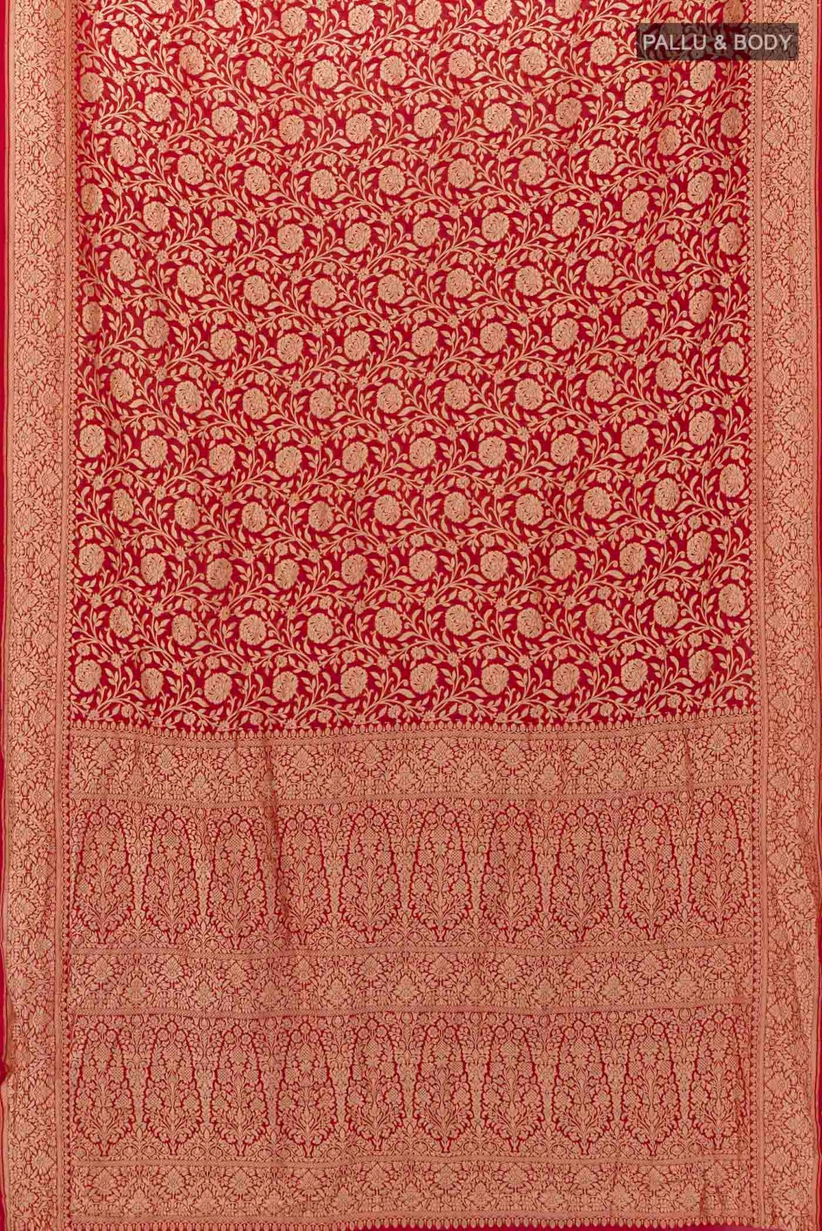 Flat view of Red Blended Banarasi Saree with Zari Brocade on the body and Zari Border