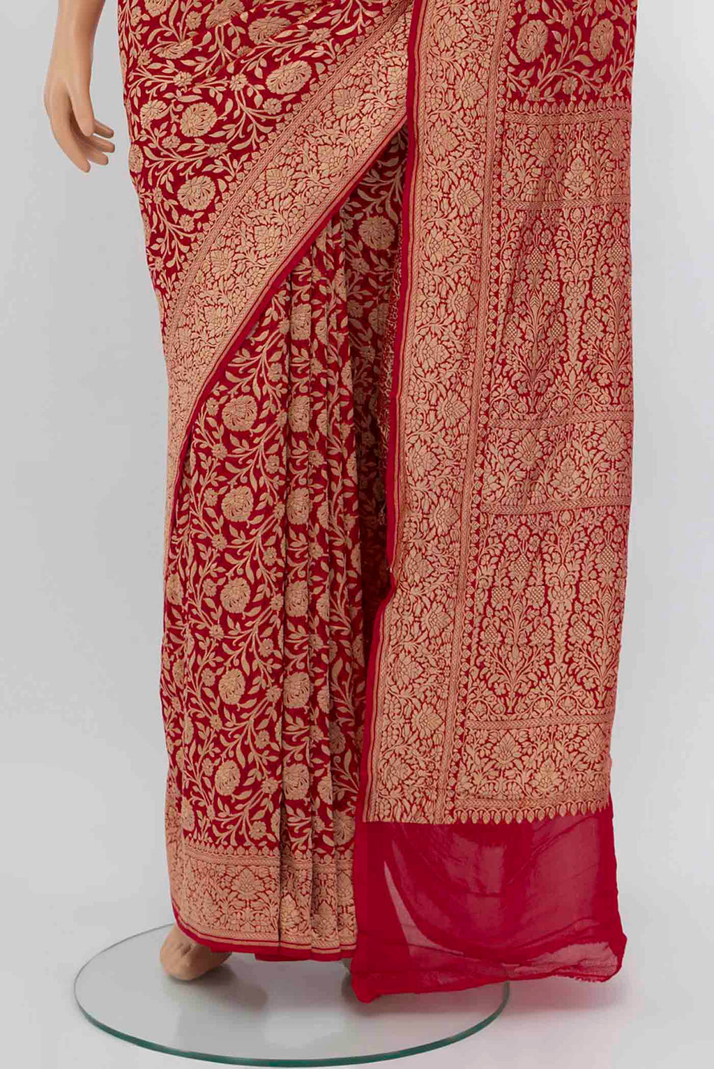 Pleats and pallu of Red Blended Banarasi Saree with Zari Brocade on the body and Zari Border