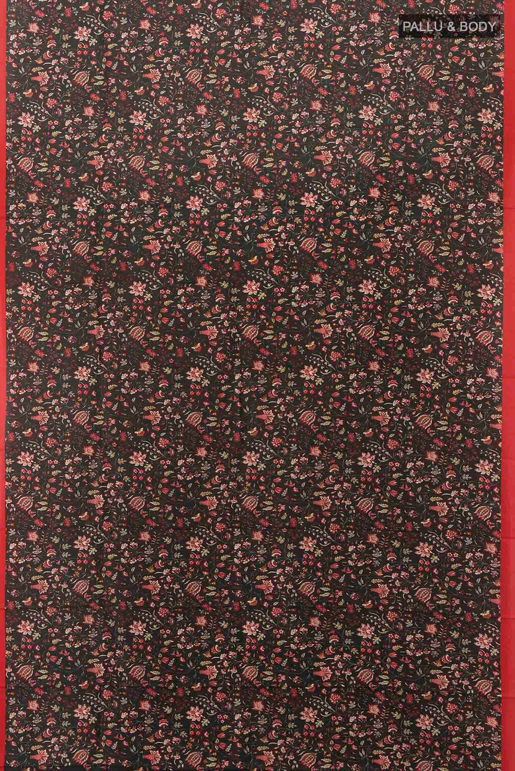 Flat view of Black Printed Silk Saree with Thread Butta on the body and Silk Border