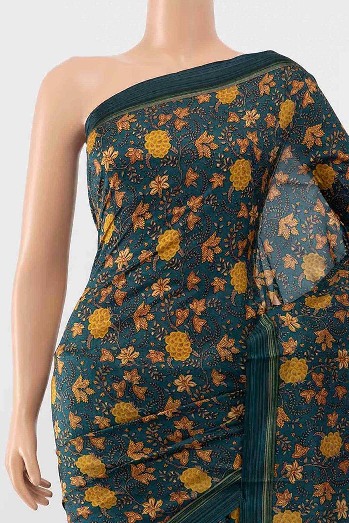 Border image of Peacock Blue Printed Silk Saree with Floral Print on the body and Silk Border