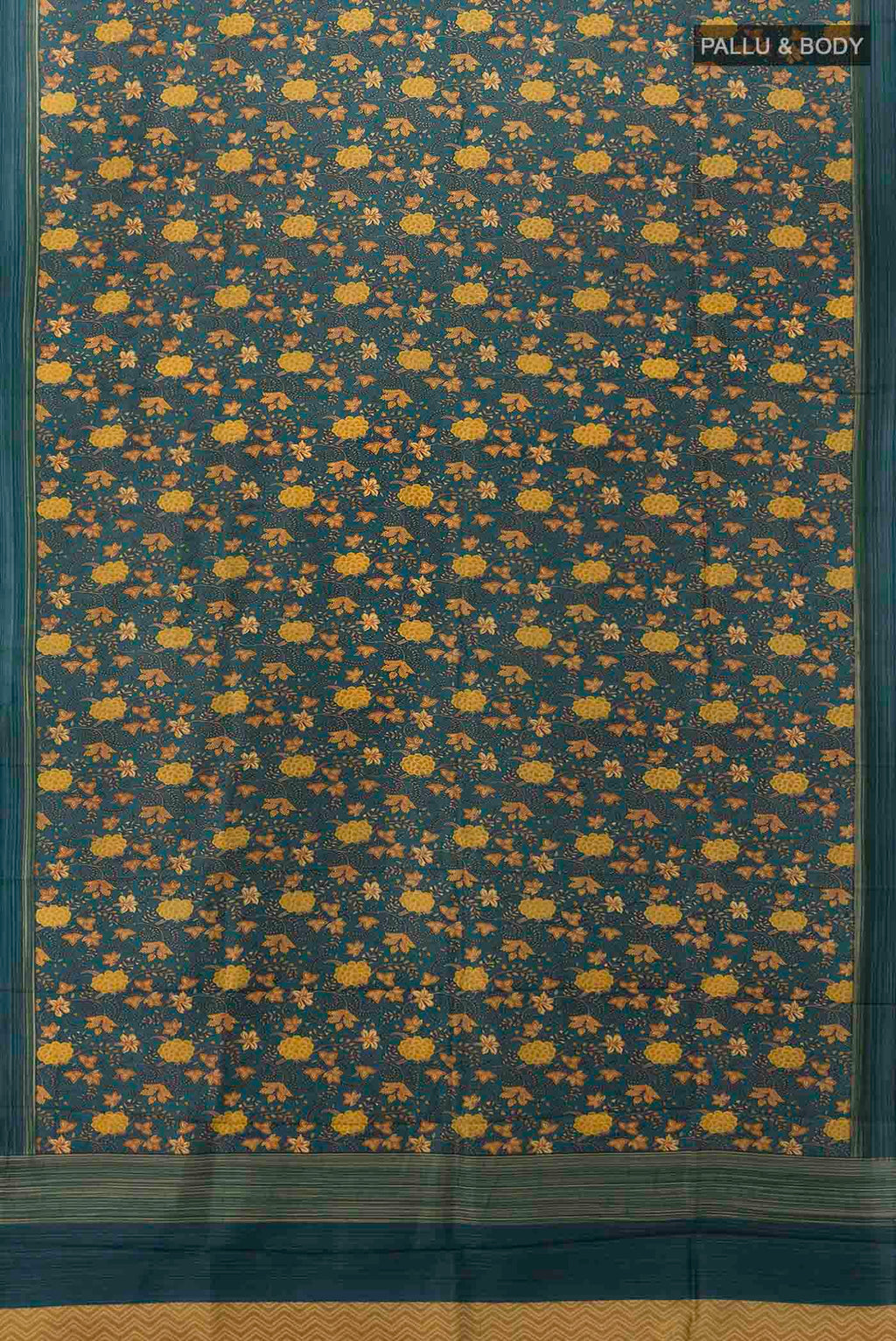 Flat view of Peacock Blue Printed Silk Saree with Floral Print on the body and Silk Border