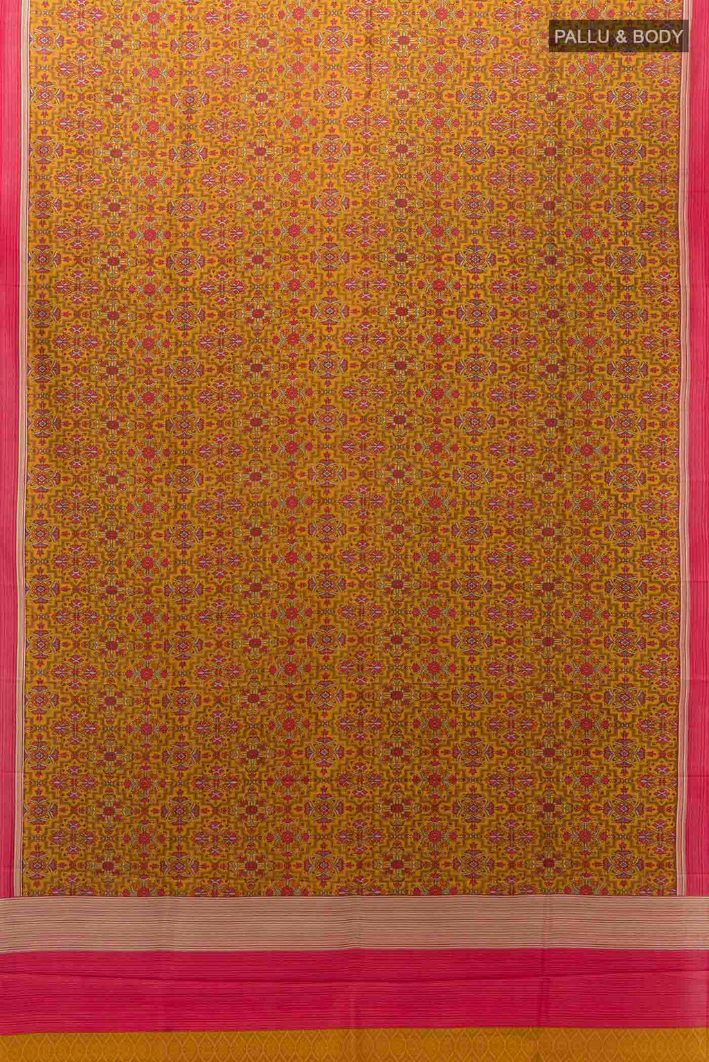 Flat view of Mustard Printed Silk Saree with Floral Print on the body and Silk Border