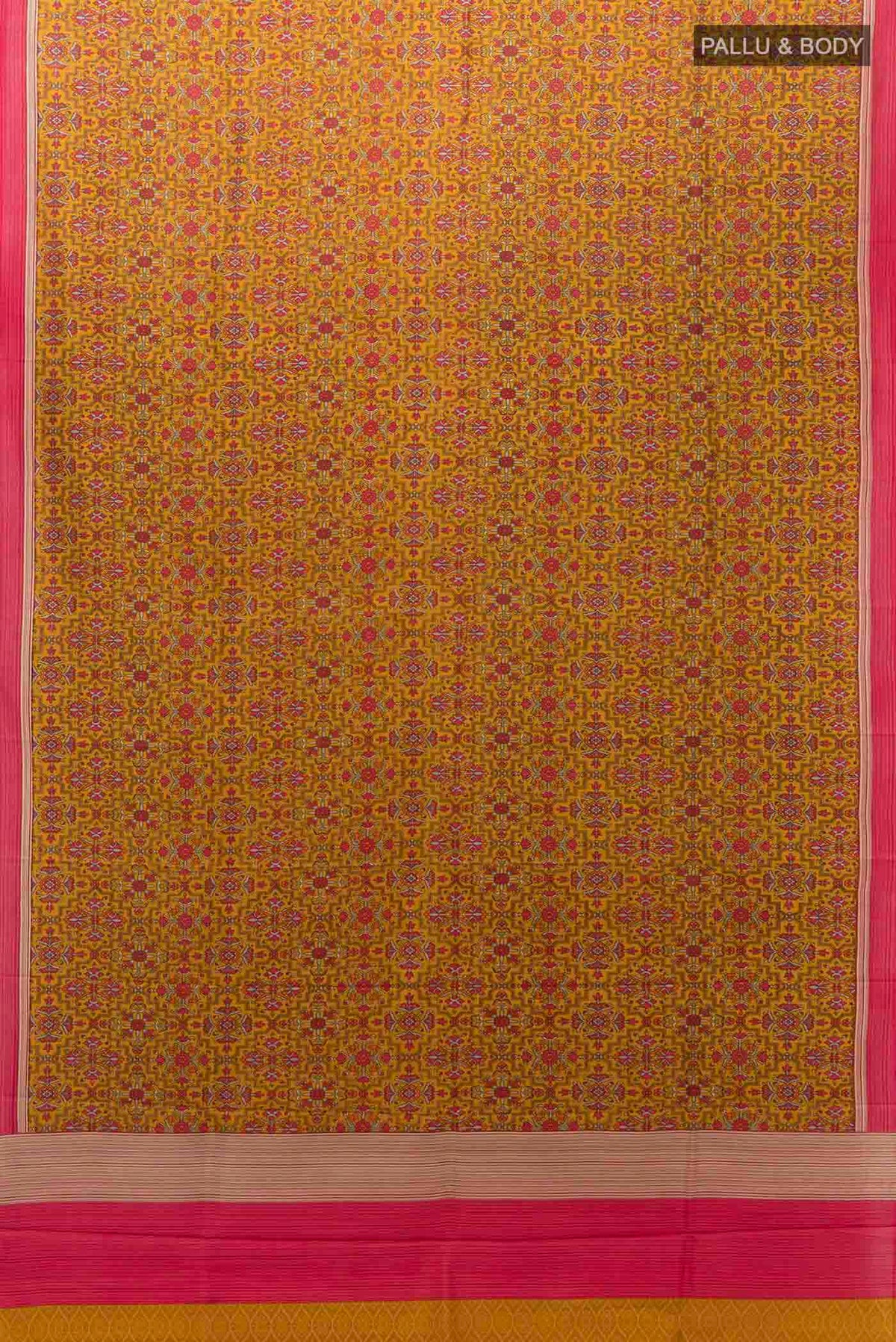 Flat view of Mustard Printed Silk Saree with Floral Print on the body and Silk Border