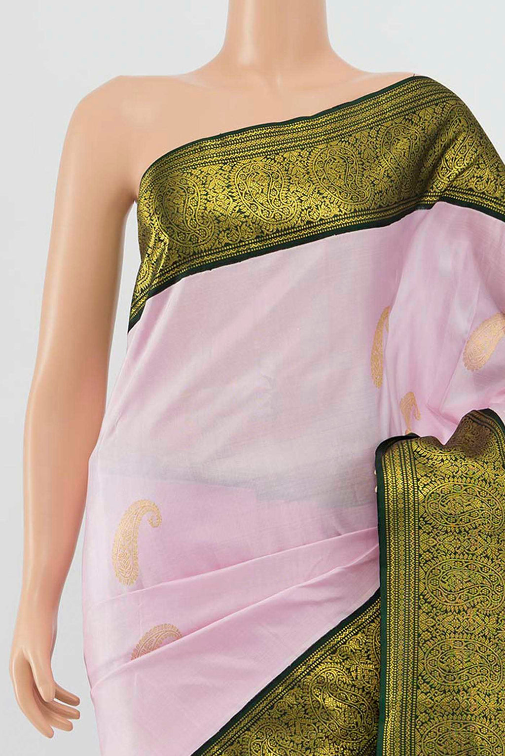 Border image of Pure Silk Pure Zari Rose pink Kanchipuram Saree with Zari Butta on the body and Zari Border