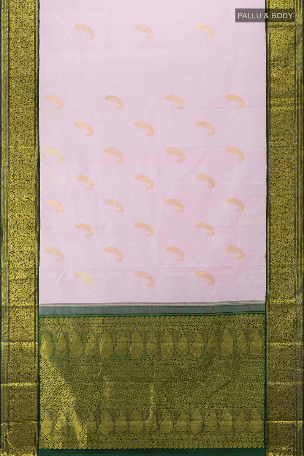 Flat view of Pure Silk Pure Zari Rose pink Kanchipuram Saree with Zari Butta on the body and Zari Border