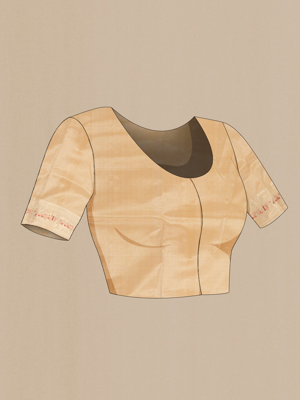 Close up image of the blouse of Beige Baluchari Silk Saree with Zari And Thread Butta on the body and Zari Border. 