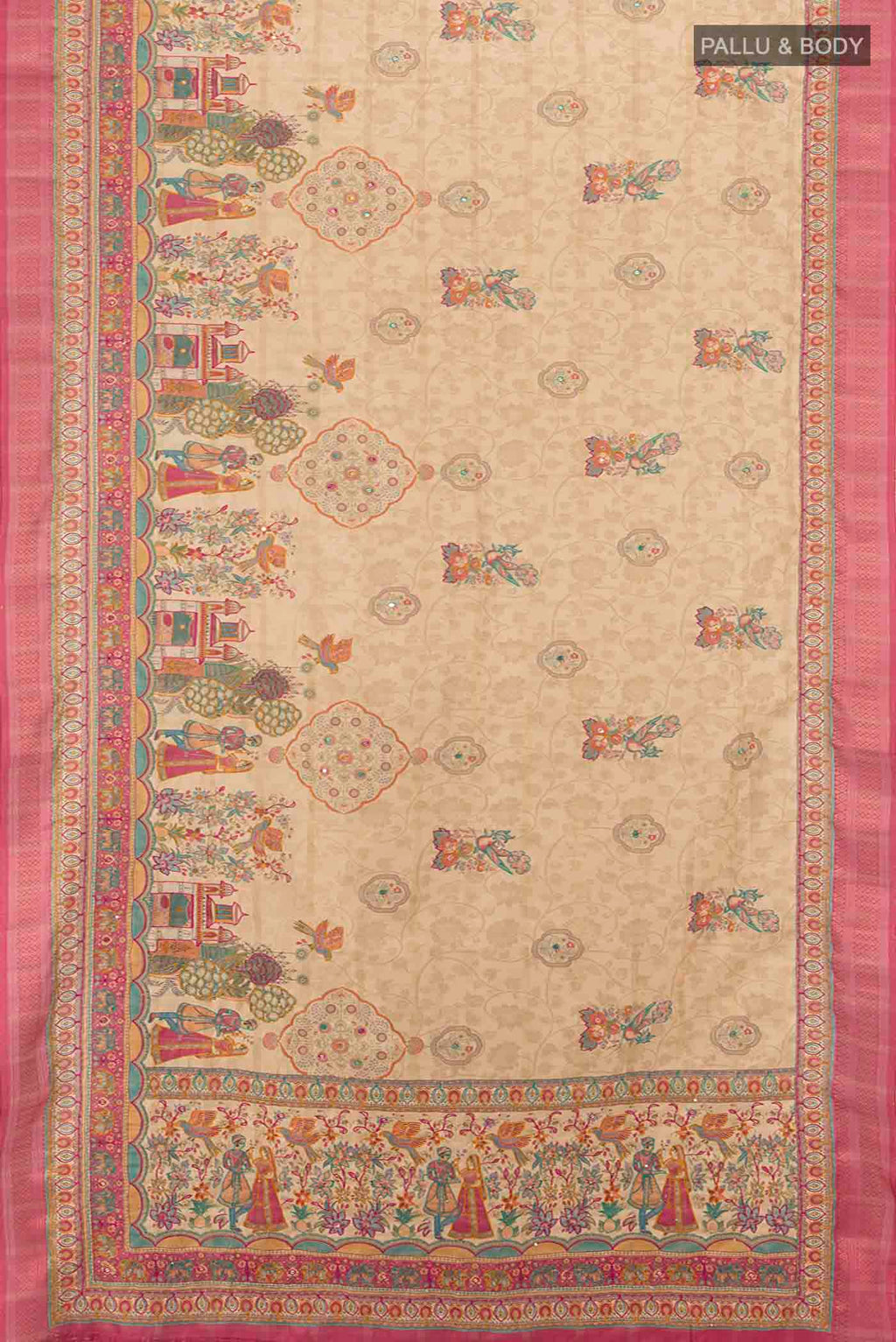 Flat view of Beige Art Silk Saree with Zari Butta on the body and Zari Border. 