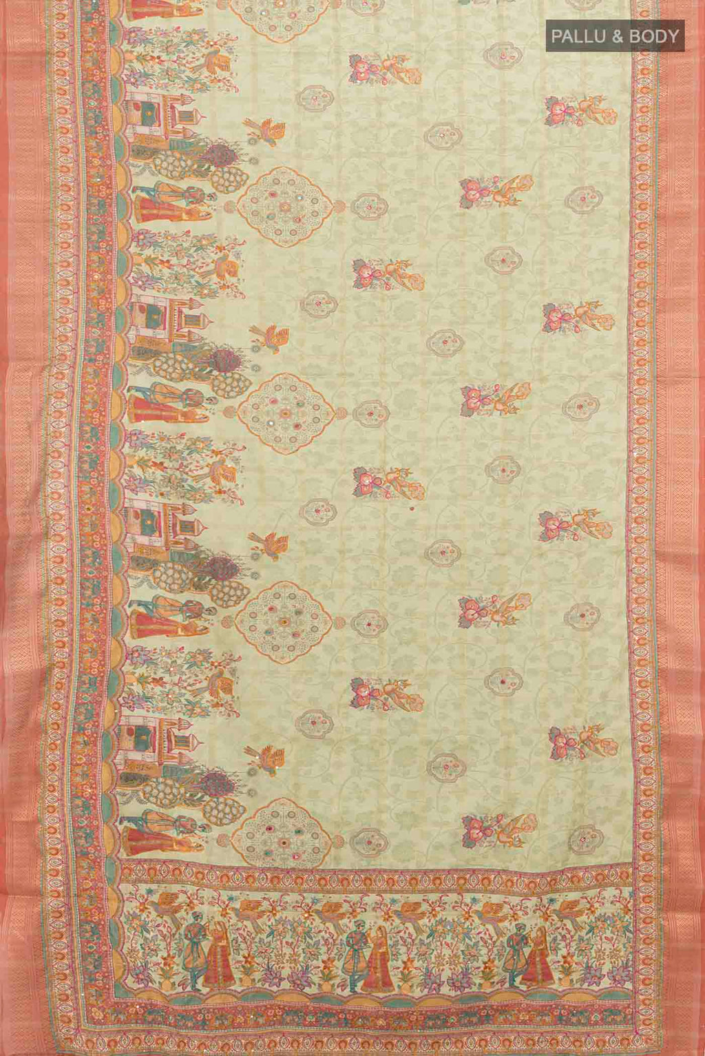 Flat view of Pista Green Art Silk Saree with Embroidery on the body and Silk Border. 