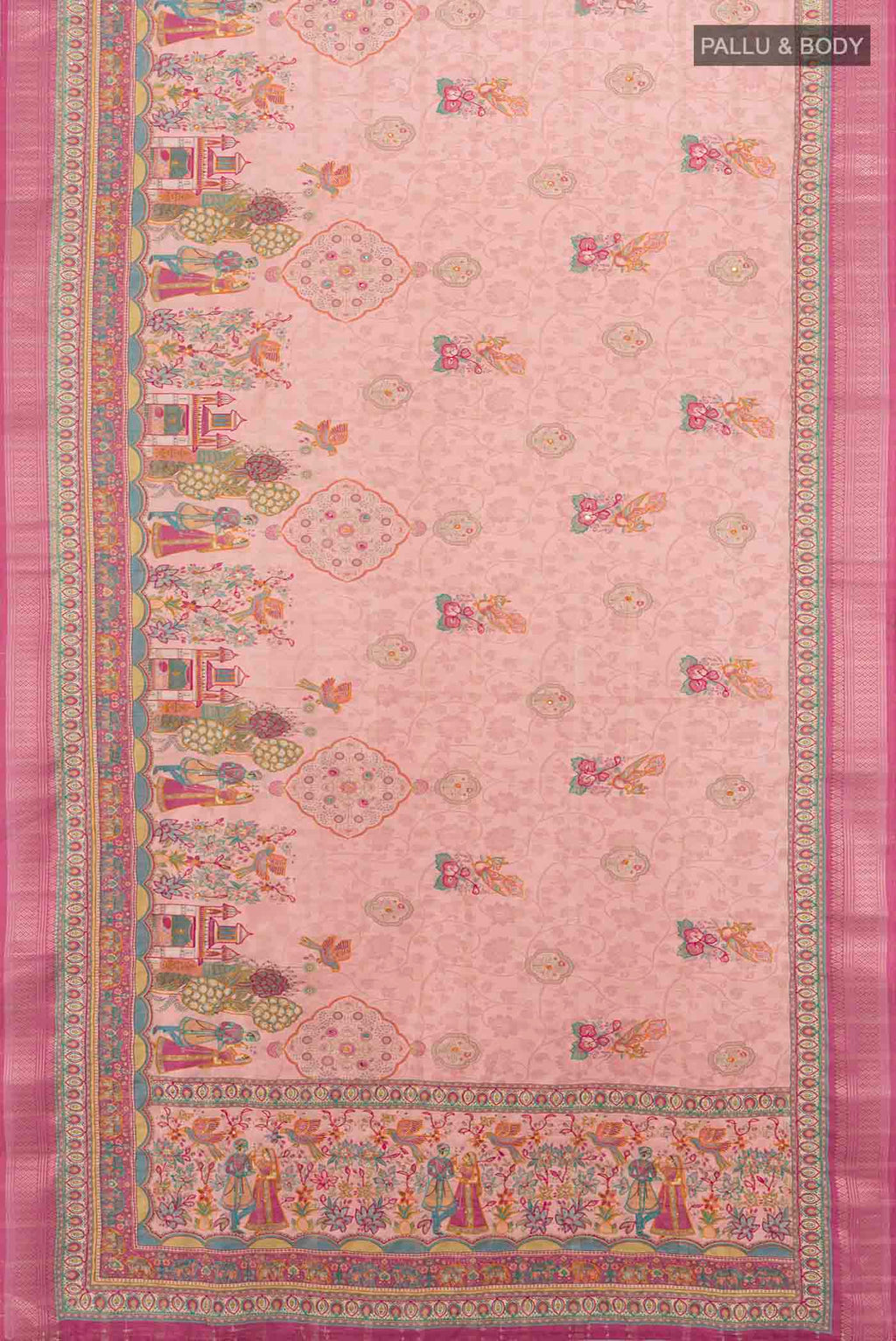 Flat view of Peach Art Silk Saree with Embroidery on the body and Silk Border. 