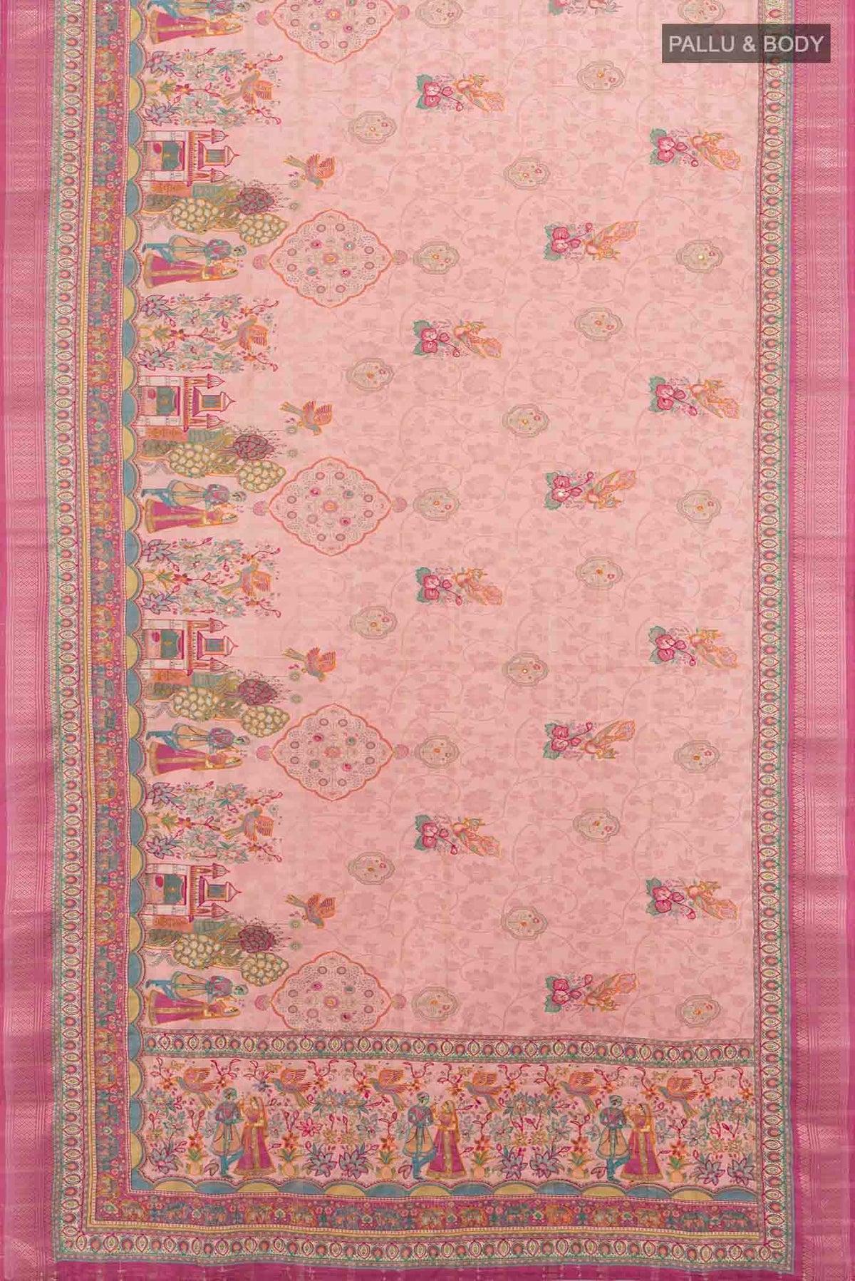 Flat view of Peach Art Silk Saree with Embroidery on the body and Silk Border. 