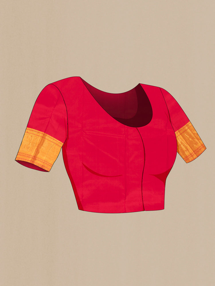 Close up image of the blouse of Red Kanjivaram Silk Saree with Zari Butta on the body and Zari Border. 