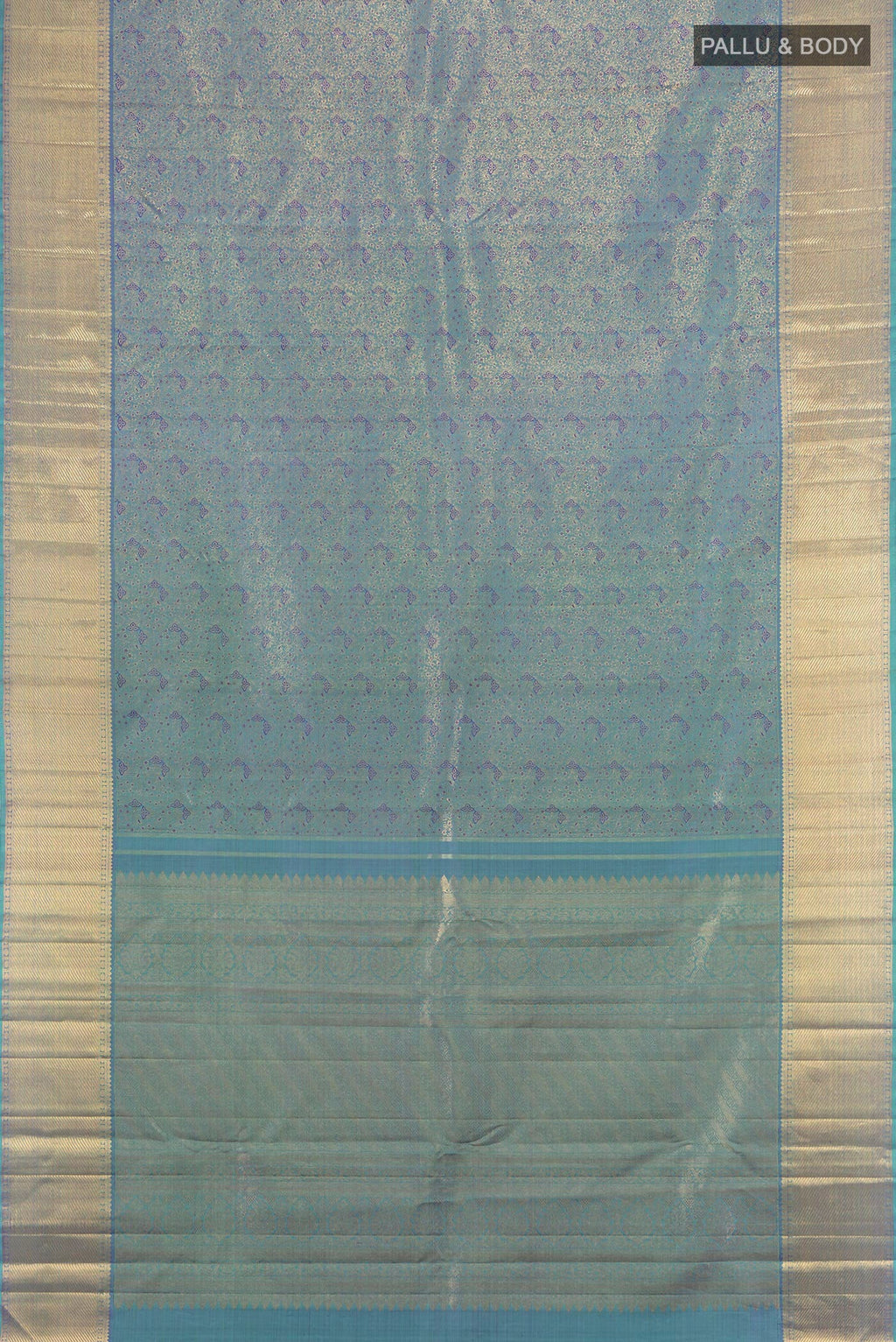 Flat view of Pure Silk Pure Zari Light Blue Kanjivaram Saree with Zari Brocade on the body and Zari Border. 