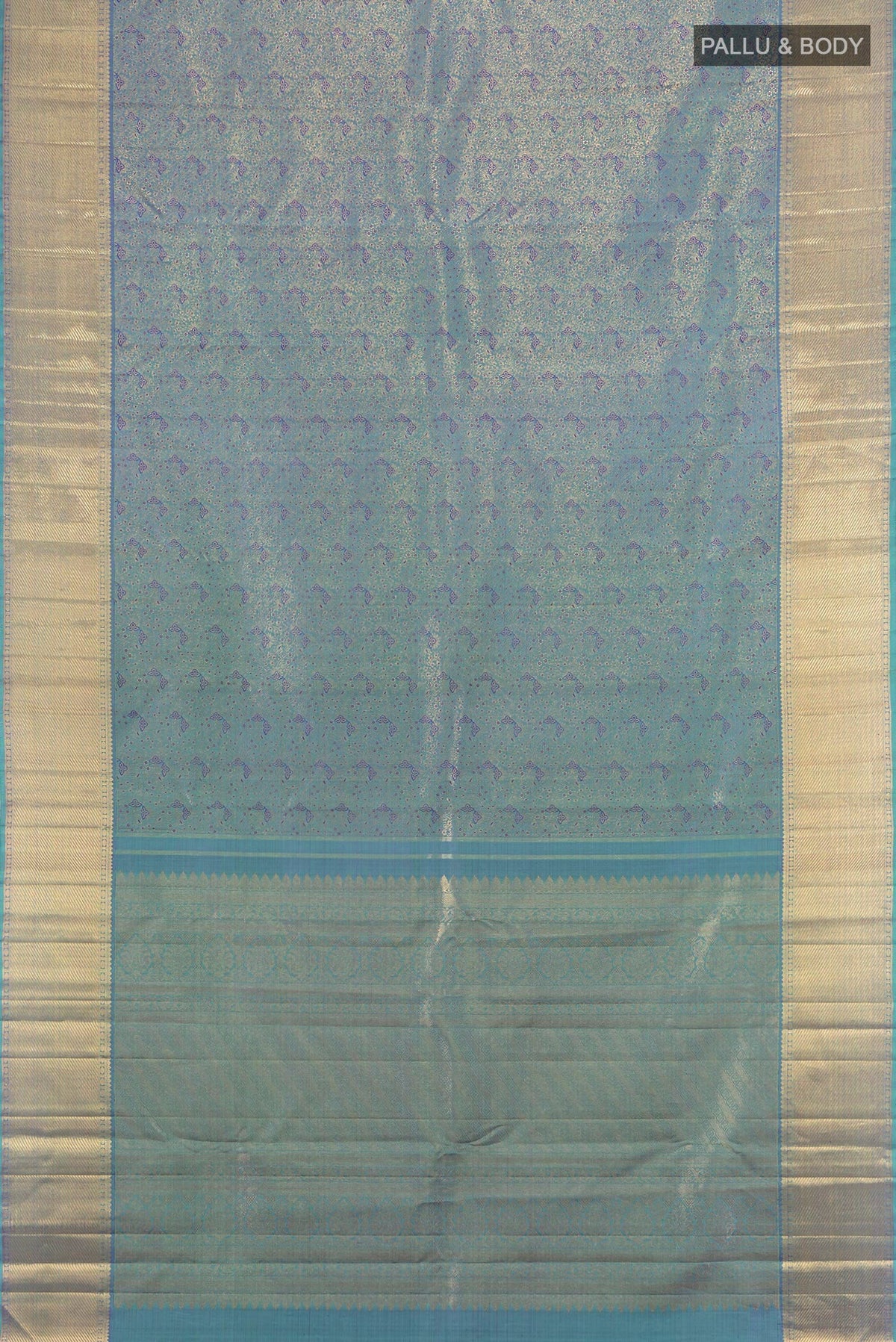Flat view of Pure Silk Pure Zari Light Blue Kanjivaram Saree with Zari Brocade on the body and Zari Border. 