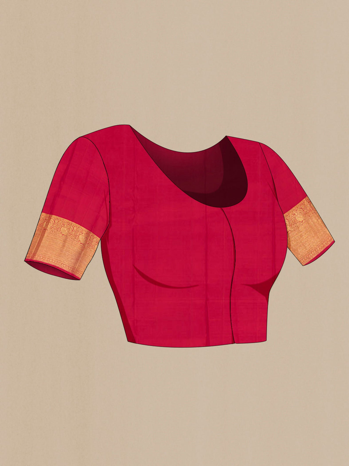 Close up image of the blouse of Maroon Kanchipuram Silk Saree with Zari Brocade on the body and Zari Border. 