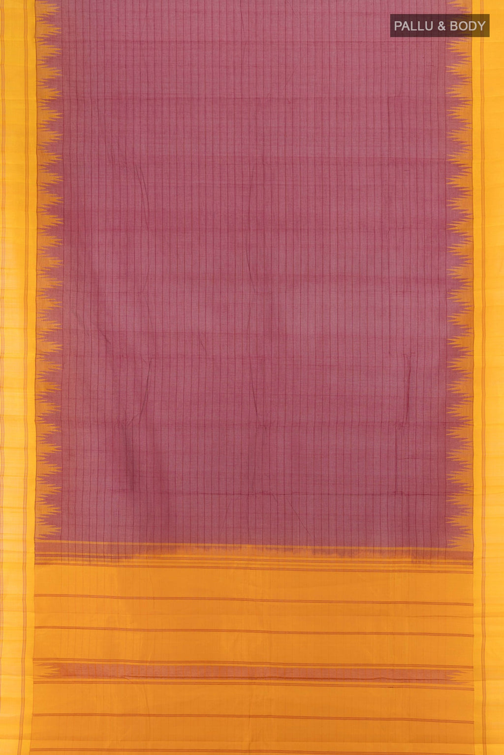 Flat view of Maroon Kanchi Cotton Saree with Plain Body and Silk Border. 