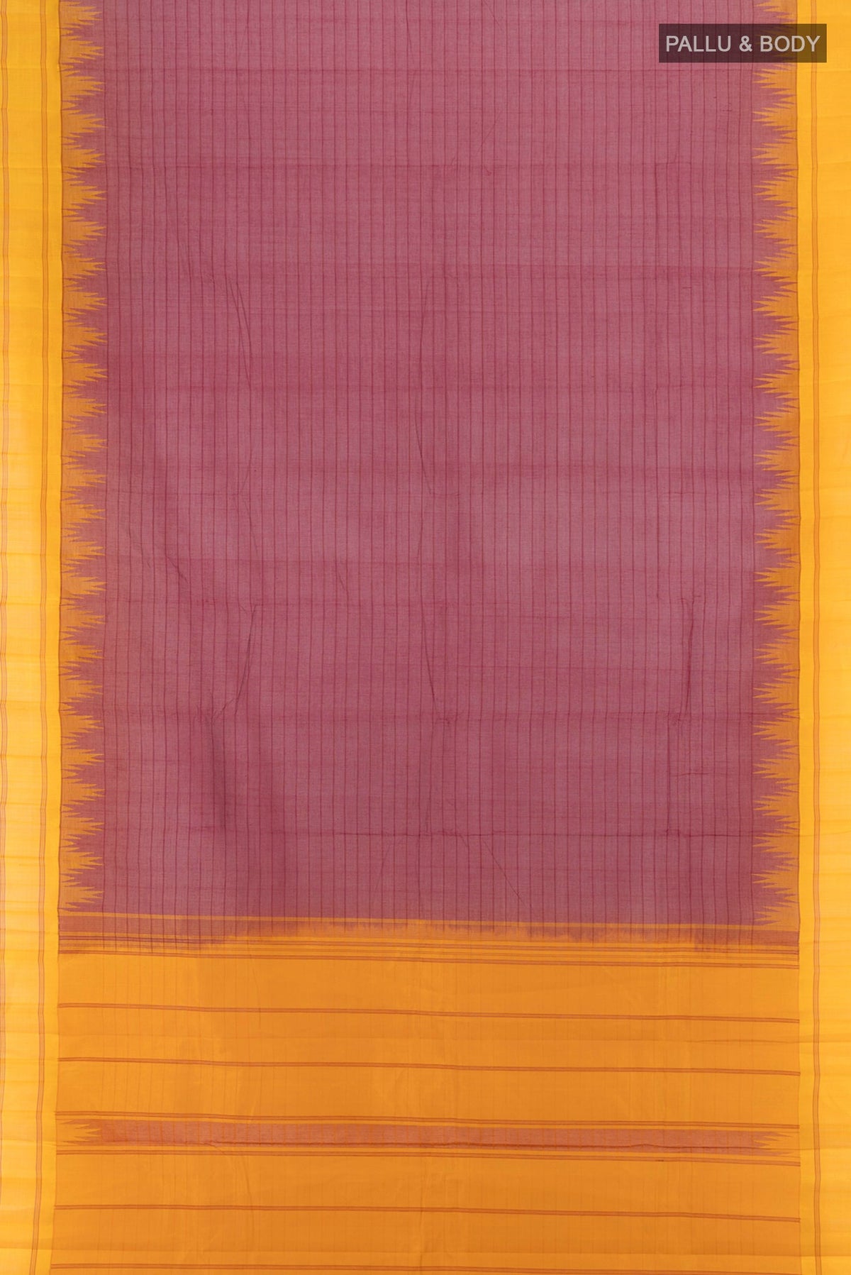 Flat view of Maroon Kanchi Cotton Saree with Plain Body and Silk Border. 